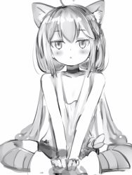 Rule 34 | 1girl, ahoge, animal ears, bare shoulders, blush, cat ears, choker, greyscale, highres, hinata channel, indian style, long hair, looking at viewer, monochrome, nanashi (nlo), nekomiya hinata, shirt, simple background, sitting, solo, triangle mouth, very long hair, virtual youtuber, white background
