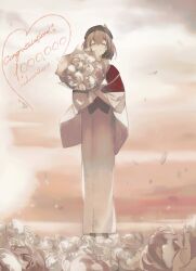 Rule 34 | 1girl, boots, bouquet, braid, braided bangs, cloud, cloudy sky, congratulations, earrings, english text, falling petals, field, flower, flower field, grin, highres, holding, holding bouquet, hololive, hololive english, japanese clothes, jewelry, kimono, looking at viewer, multicolored hair, nanashi mumei, nanashi mumei (new year), official alternate costume, petals, red shawl, ribbon, rose, shawl, short hair, single earring, sky, smile, streaked hair, twilight, virtual youtuber, white flower, white kimono, white rose, za1j1n