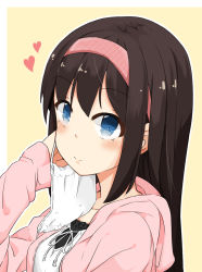 Rule 34 | 1girl, blue eyes, blush, brown hair, hair ornament, hairband, hairclip, heart, hoojiro (found1093), image sample, long hair, looking at viewer, mask, unworn mask, mouth mask, original, smile, solo, surgical mask