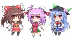 Rule 34 | 3girls, ahoge, ascot, bandages, blue hair, blush stickers, bow, brown hair, chain, cuffs, detached sleeves, double bun, female focus, food, fruit, hair bow, hair tubes, hakurei reimu, hands on own hips, hat, hinanawi tenshi, ibaraki kasen, long hair, multiple girls, open mouth, peach, pink hair, ponytail, red eyes, shackles, short hair, skirt, smile, sumapan, touhou