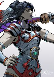 Rule 34 | 1girl, 2022, absurdres, armlet, armor, black hair, chinese commentary, circlet, commentary, cowboy shot, earrings, from side, gauntlets, gorget, gradient background, hades (series), hair bun, hand on own hip, highres, holding, holding sword, holding weapon, hoop earrings, jewelry, linceyang, looking at viewer, looking to the side, muscular, muscular female, nemesis (hades), parted bangs, profile, purple lips, red nails, sideways glance, signature, solo, sword, updo, weapon, wing hair ornament, yellow eyes