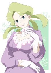Rule 34 | 1girl, 34 (sanjushi), blonde hair, braid, breasts, choker, cleavage, collarbone, creatures (company), dress, game freak, glacia (pokemon), gloves, highres, lips, long sleeves, nintendo, parted lips, pink lips, pokemon, pokemon oras, puffy sleeves, purple dress, short hair, solo, white gloves