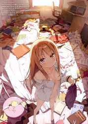 Rule 34 | 10s, 1girl, :&lt;, absurdres, barefoot, bed, blonde hair, blurry, blush, book, bra, breasts, chair, clothes, computer, depth of field, desk, feet, from above, highres, holding, holding clothes, holding skirt, kantoku, laptop, long hair, looking at viewer, looking up, messy room, mizoguchi keiji, naked shirt, navel, off shoulder, open book, parted lips, perspective, pillow, pleated skirt, red eyes, sakura-sou no pet na kanojo, scan, shiina mashiro, shirt, skirt, unworn skirt, solo, underwear, window