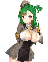 Rule 34 | 1girl, :q, arm behind back, armband, asymmetrical bangs, black gloves, blush, breasts, cleavage, collared shirt, cowboy shot, cropped jacket, earrings, fingerless gloves, g28 (girls&#039; frontline), girls&#039; frontline, gloves, gradient hair, green hair, hair ornament, hairclip, hat, highres, jewelry, large breasts, long hair, looking at viewer, multicolored hair, necktie, no bra, one eye closed, one side up, open clothes, open shirt, pixel (yuxian), red eyes, shirt, shirt tug, solo, tongue, tongue out, two-tone hair, unbuttoned, unbuttoned shirt, underbust, yellow necktie