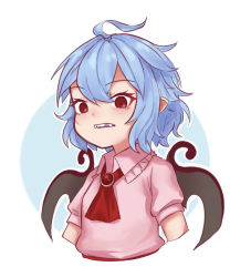 Rule 34 | 1girl, ahoge, ascot, bat wings, blue hair, commentary, crooked teeth, english commentary, fangs, hair between eyes, highres, jewelry, no headwear, no headwear, pointy ears, puffy sleeves, red eyes, remilia scarlet, short hair, short sleeves, solo, touhou, upper body, wings, yoruny