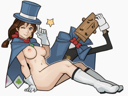 Rule 34 | 1girl, blue eyes, boots, bow, bowtie, breasts, brooch, brown hair, capcom, cape, earrings, female focus, gloves, ace attorney, apollo justice: ace attorney, hand on headwear, hat, jewelry, mr hat, naked cape, trucy wright, navel, nipples, nude, one eye closed, puppet, scarf, short hair, simple background, single earring, sitting, smile, solo, splashbrush, star (symbol), top hat, white background, wink