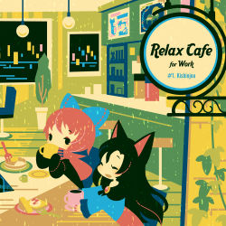 Rule 34 | 2girls, album cover, animal ears, animal print, black dress, black eyes, blue bow, blue dress, blush, bow, brooch, brown hair, cake, cake slice, capelet, cat print, chair, cover, cup, dress, drinking, closed eyes, food, fork, hair bow, holding, holding cup, imaizumi kagerou, jewelry, long hair, looking at another, mug, multiple girls, open mouth, pancake, plant, plate, potted plant, red capelet, red hair, sekibanki, shinonoko, sitting, table, touhou, wolf ears
