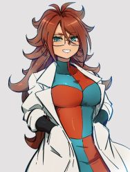 Rule 34 | 1girl, android 21, blue eyes, breasts, checkered clothes, checkered dress, dragon ball, dragon ball fighterz, dress, earrings, glasses, grey background, hands in pockets, hoop earrings, jewelry, kemachiku, lab coat, large breasts, long hair, looking at viewer, red hair, simple background, smile, solo