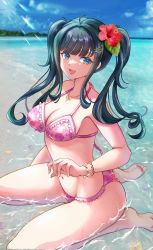 Rule 34 | 1girl, absurdres, amano nene (vtuber), artist request, beach, black hair, blue eyes, breasts, feet, flower, flower on head, flower print, highres, jewelry, large breasts, necklace, pearl necklace, production kawaii, sand, shell, smile, swimsuit, twintails, virtual youtuber, water