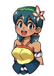 Rule 34 | 1girl, bad id, bad twitter id, blue eyes, blue hair, blush, breasts, collarbone, dark-skinned female, dark skin, flower, hair flower, hair ornament, indivisible, leilani (indivisible), looking at viewer, open mouth, short hair, simple background, smile, solo, teeth, upper teeth only, white background, yuuya (blue scarab)