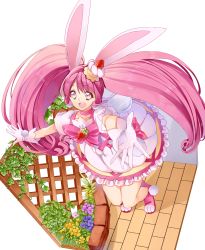 Rule 34 | 10s, 1girl, animal ears, bow, cake hair ornament, choker, cure whip, earrings, flower, food, food-themed hair ornament, foreshortening, from above, fruit, full body, gloves, hair ornament, hairband, highres, jewelry, kirakira precure a la mode, knees together feet apart, long hair, looking at viewer, magical girl, outstretched hand, pink bow, pink choker, pink eyes, pink footwear, pink hair, pink hairband, plant, pom pom (clothes), pom pom earrings, precure, rabbit ears, reaching, reaching towards viewer, shoes, skirt, smile, solo, standing, strawberry, twintails, usami ichika, white gloves, white skirt, yuutarou (fukiiincho)
