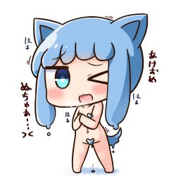 Rule 34 | &gt; &lt;, &gt; o, 1girl, :3, :d, animal ears, blue eyes, blue hair, blush, chibi, chinese zodiac, collarbone, commentary request, convenient censoring, dog ears, dog girl, dog tail, full body, half slime-chan, hana kazari, head tilt, heavy breathing, kemonomimi mode, long hair, looking at viewer, monster girl, navel, nude, one eye closed, open mouth, original, simple background, slime girl, smile, solo, standing, tail, translated, very long hair, white background, year of the dog