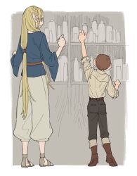 1boy 1girl black_pants blonde_hair blue_shirt boots brown_footwear chilchuck_tims dungeon_meshi elf from_behind height_difference highres long_hair looking_at_another mame_moyashi marcille_donato pants pointy_ears sandals shirt short_hair standing tiptoes very_long_hair white_pants white_shirt