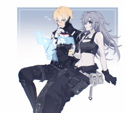 Rule 34 | 1boy, 1girl, bare arms, bare shoulders, black gloves, black pants, blonde hair, blue eyes, breasts, can, ear piercing, finger to mouth, gloves, grey eyes, grey hair, headphones, highres, holding, holding can, holographic monitor, lee: hyperreal (punishing: gray raven), lee (punishing: gray raven), long hair, mao (expuella), mechanical arms, midriff, military, military uniform, navel, original, pants, piercing, punishing: gray raven, short hair, sidelocks, sitting, small breasts, suspenders, uniform