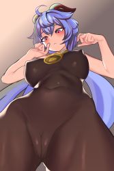 Rule 34 | 1girl, :&lt;, ahoge, alloc (playable one), bell, black bodysuit, blue hair, blush, bodystocking, bodysuit, breasts, cameltoe, cleft of venus, closed mouth, commentary, covered erect nipples, covered navel, cowbell, cowboy shot, english commentary, from below, ganyu (genshin impact), genshin impact, hair between eyes, highres, horns, large breasts, long hair, looking at viewer, pink eyes, sleeveless, solo