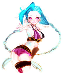 Rule 34 | 1girl, arseyou, blue hair, braid, breasts, hairline, jinx (league of legends), league of legends, pink eyes, shorts, smile, tattoo