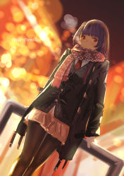 Rule 34 | 1girl, against railing, bad id, bad pixiv id, black pantyhose, blurry, blurry background, blush, braid, breasts, breath, brown coat, can, closed mouth, coat, dutch angle, french braid, girls&#039; frontline, gloves, hair ornament, hair ribbon, half updo, highres, holding, holding can, jacket, large breasts, against railing, long hair, looking at viewer, necktie, night, official alternate costume, one side up, open clothes, open coat, outdoors, pantyhose, purple hair, railing, red eyes, red necktie, red scarf, ribbon, scarf, shirt, sidelocks, skirt, snowflake hair ornament, snowflake print, snowing, solo, takagaki eru, very long hair, wa2000 (date in the snow) (girls&#039; frontline), wa2000 (girls&#039; frontline), white gloves