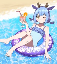 Rule 34 | 1girl, barefoot, beach, blue hair, cup, dragon girl, dragon horns, drinking straw, duel monster, food, fruit, full body, highres, holding, holding cup, horns, juice, laundry dragonmaid, lifebuoy, looking at viewer, ocean, one-piece swimsuit, one eye closed, orange (fruit), orange juice, orange slice, pinyata (pinyaland), smile, swim ring, swimsuit, yu-gi-oh!