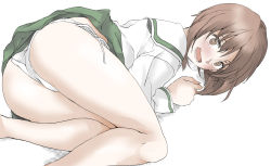 Rule 34 | 1girl, ass, blouse, blush, bright pupils, brown eyes, brown hair, commentary, elf (stroll in the woods), fetal position, frown, girls und panzer, green skirt, highres, long sleeves, looking at viewer, lying, miniskirt, nishizumi miho, on side, ooarai school uniform, open mouth, panties, pleated skirt, sailor collar, school uniform, serafuku, shirt, short hair, side-tie panties, simple background, skirt, solo, textless version, underwear, white background, white panties, white pupils, white sailor collar, white shirt