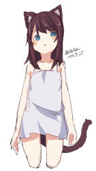 Rule 34 | 1girl, :o, animal ears, bare arms, bare shoulders, blue eyes, blush, brown hair, cat ears, cat girl, cat tail, collarbone, cowboy shot, cropped legs, dated, dress, head tilt, long hair, looking at viewer, maze (gochama ze gohan), original, parted lips, short dress, signature, simple background, sketch, sleeveless, sleeveless dress, solo, tail, white background, white dress