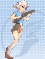Rule 34 | 1girl, absurdres, backpack, bag, bandaged hand, bandages, belt, black footwear, blu scout (tf2), blue shirt, cosplay, crossover, double barrels, gun, highres, izayoi sakuya, jewelry, kneehighs, lever action, maid headdress, majormilk, necklace, pocket watch, red eyes, scattergun, scout (tf2), shirt, shoes, short hair, short shorts, shorts, shotgun, smile, sneakers, socks, t-shirt, team fortress 2, the scout (cosplay), touhou, watch, weapon, white hair
