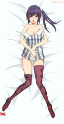 Rule 34 | 10s, 1girl, absurdres, artist name, bare shoulders, bed, blush, breasts, character name, cleavage, collarbone, dakimakura (medium), dot nose, facing viewer, female focus, full body, hair ornament, hairband, highres, imai midori, large breasts, long legs, looking at viewer, lying, medium breasts, no bra, no shoes, norman maggot, off shoulder, on back, open mouth, panties, pantyshot, print thighhighs, purple eyes, purple hair, shirobako, short sleeves, side ponytail, solo, star (symbol), star print, striped, teeth, thighhighs, translated, underwear, upper teeth only, vertical stripes, white panties