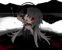 Rule 34 | 1girl, ahoge, arm up, bare arms, bare shoulders, bell, black dress, blood, blood on arm, blush, cleavage cutout, clothing cutout, collar, commentary request, dark-skinned female, dark skin, dress, grey hair, grey tongue, hair between eyes, hair flaps, heart, holding, holding heart, holding organ, huge ahoge, jingle bell, kisaragi kaya, long hair, looking at viewer, metal collar, monochrome background, mountainous horizon, neck bell, notice lines, open mouth, original, red eyes, solo, strapless, strapless dress, teeth, tongue, tongue out, upper teeth only, very long hair, yste