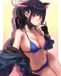 Rule 34 | 1girl, absurdres, animal ears, bare shoulders, bikini, black gloves, black hair, blue archive, blue bikini, blush, breasts, cat ears, cleavage, collarbone, commentary request, fingerless gloves, gloves, hair ornament, hairclip, highres, jacket, kazusa (blue archive), large breasts, long hair, looking at viewer, mask, mask pull, mouth mask, multi-strapped bikini, navel, off shoulder, open clothes, pisik, red eyes, sitting, solo, stomach, string bikini, swimsuit, thighs
