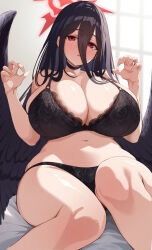Rule 34 | 1girl, absurdres, bare shoulders, black bra, black choker, black hair, black panties, black wings, blue archive, blush, bra, breasts, choker, claw pose, cleavage, closed mouth, collarbone, feathered wings, hair between eyes, halo, hasumi (blue archive), highres, huge breasts, indoors, lace, lace-trimmed bra, lace trim, lingerie, long hair, looking at viewer, mole, mole under eye, navel, ni tamago sando, on bed, panties, parted lips, pillow, red eyes, sitting, smile, solo, stomach, thick thighs, thighs, underwear, underwear only, wings