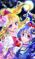 Rule 34 | 2girls, :d, black headwear, blonde hair, blunt bangs, bow, bowtie, bracelet, closed mouth, cure magical, cure miracle, eyelashes, full moon, gloves, hair between eyes, hair bow, hairband, hat, highres, holding hands, interlocked fingers, jewelry, long hair, looking at viewer, mahou girls precure!, manekineko5319, mini hat, moon, multiple girls, open mouth, pink hairband, pink headwear, ponytail, precure, purple eyes, purple gloves, purple hair, red bow, red bowtie, short sleeves, smile, very long hair, white gloves, white sleeves, witch hat