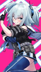 Rule 34 | 1girl, absurdres, bare shoulders, belt, black gloves, blue eyes, blue thighhighs, buckle, covered navel, double v, girls&#039; frontline, gloves, grin, hair between eyes, hair ornament, half gloves, highres, looking at viewer, make maketan, medium hair, pa-15 (girls&#039; frontline), pink background, silver hair, single half glove, smile, snap-fit buckle, solo, thick eyebrows, thighhighs, two side up, v