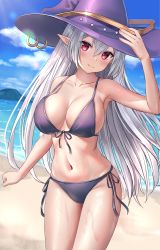 Rule 34 | 1girl, absurdres, armpits, beach, bikini, blue sky, blush, breasts, cleavage, clenched hand, closed mouth, collarbone, day, elf, hair between eyes, hand on headwear, hat, highres, large breasts, lens flare, looking at viewer, navel, nay, ocean, original, outdoors, pointy ears, purple bikini, red eyes, short shorts, shorts, silver hair, sky, smile, solo, standing, swimsuit, wet, witch hat