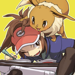 Rule 34 | 10s, 1boy, blush, brown eyes, brown hair, creature, creatures (company), eevee, fangs, fur, game freak, gen 1 pokemon, legs folded, looking at another, male focus, naralika, nate (pokemon), nintendo, open mouth, paper, pen, pokemon, pokemon (creature), pokemon bw2, short sleeves, simple background, sitting, standing on person, visor cap, wince, writing, yellow background