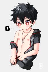 Rule 34 | 1boy, artist request, commentary, highres, jewelry, kemono jihen, kusaka kabane, lifting own clothes, male focus, navel, necklace, nipples, red eyes, solo, undressing