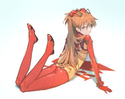 1girl, arm support, ass, bangs, blue background, blue eyes, bodysuit, commentary, english commentary, eyebrows visible through hair, full body, gradient, gradient background, hks (timbougami), legs, legs up, logo, long hair, looking at viewer, looking back, lying, multicolored, multicolored bodysuit, multicolored clothes, neon genesis evangelion, nerv, on stomach, orange bodysuit, orange hair, plugsuit, red bodysuit, shadow, shiny, shiny clothes, shiny hair, sidelocks, soryu asuka langley