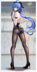 Rule 34 | 1girl, absurdres, ahoge, alternate costume, arm strap, ass, back, backless leotard, black leotard, blue hair, border, bow, breasts, closed mouth, curled horns, dynamotor, from behind, full body, ganyu (genshin impact), genshin impact, goat horns, hair bow, hand on own hip, hand up, high heels, highres, horns, legs, leotard, long hair, looking at viewer, looking back, low ponytail, medium breasts, pantyhose, playboy bunny, purple eyes, rabbit tail, raised eyebrows, red bow, sidelocks, solo, standing, tail, thighs, very long hair, wavy hair, white border, wrist cuffs