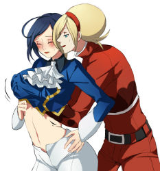Rule 34 | 1boy, 1girl, androgynous, ascot, ash crimson, belt, blonde hair, blue eyes, blue hair, blush, breasts, closed eyes, clothes lift, collared shirt, couple, cowboy shot, elisabeth blanctorche, embarrassed, freckles, grabbing, grabbing another&#039;s breast, groping, half-closed eyes, headband, hetero, large breasts, looking at another, muse (rainforest), navel, open mouth, profile, shirt, shirt lift, short hair, simple background, sweatdrop, the king of fighters, white background