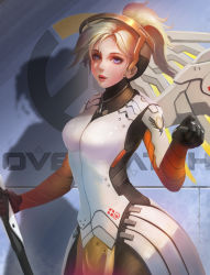 Rule 34 | 1girl, blonde hair, blue eyes, breasts, emblem, halo, high ponytail, highres, holding, holding weapon, long hair, looking at viewer, mechanical halo, mechanical wings, mercy (overwatch), overwatch, overwatch 1, pantyhose, parted lips, pointing, shadow, solo, turewindwalker, weapon, wings