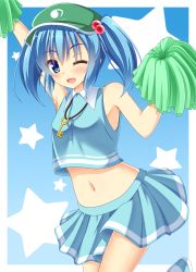 Rule 34 | 1girl, ;d, adapted costume, arm up, armpits, bare shoulders, blue eyes, blue footwear, blue hair, blue skirt, blush, breasts, cheerleader, cowboy shot, crop top, fang, flat cap, hair bobbles, hair ornament, hat, highres, houkiboshi, kawashiro nitori, key, looking at viewer, matching hair/eyes, navel, one eye closed, open mouth, pom pom (cheerleading), shirt, shoes, skirt, skirt set, sleeveless, sleeveless shirt, small breasts, smile, solo, star (symbol), starry background, stomach, touhou, twintails