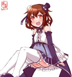 Rule 34 | 1girl, azur lane, bare shoulders, brown hair, commentary request, cosplay, covered erect nipples, dated, detached sleeves, dress, fang, frilled dress, frills, garter straps, hair ornament, hairclip, hat, highres, historical name connection, ikazuchi (azur lane), ikazuchi (azur lane) (cosplay), ikazuchi (kancolle), ikazuchi (sakura tea) (azur lane), kanon (kurogane knights), kantai collection, logo, lolita fashion, looking at viewer, mini hat, mini top hat, name connection, open mouth, orange eyes, purple dress, short hair, simple background, sitting, smile, solo, thighhighs, top hat, white background, white thighhighs