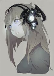 1girl blue_eyes brown_eyes brown_hair female_focus glowing glowing_eyes headphones machine multicolored_eyes oguchi original solo