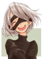 Rule 34 | 1girl, :d, bad id, bad pixiv id, black dress, black hairband, blindfold, blindfold slip, blush, closed mouth, commentary request, dress, facing viewer, hair over one eye, hairband, juliet sleeves, long sleeves, nier:automata, nier (series), no mole, one eye covered, open mouth, puffy sleeves, ribbed dress, round teeth, short hair, silver hair, smile, solo, suo (sndrta2n), teeth, turtleneck, upper body, upper teeth only, 2b (nier:automata)