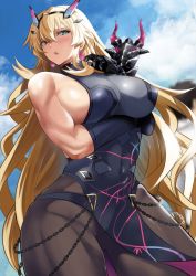 Rule 34 | 1boy, 1girl, arm under breasts, armor, bare shoulders, biceps, black dress, black gloves, blonde hair, blue sky, blurry, blurry background, breasts, chain, chaldea uniform, covered navel, dress, earrings, elbow gloves, barghest (fate), barghest (second ascension) (fate), fate/grand order, fate (series), fujimaru ritsuka (male), gauntlets, gloves, green eyes, heterochromia, highres, horns, jewelry, kawabata yoshihiro, large breasts, long hair, looking to the side, muscular, muscular female, open mouth, pantyhose, pauldrons, pelvic curtain, red eyes, shoulder armor, sideboob, single gauntlet, single pauldron, sky, solo focus, thick thighs, thighs, very long hair