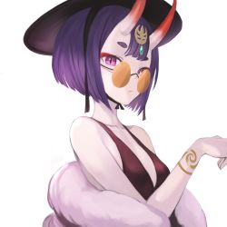 Rule 34 | 1girl, absurdres, bare shoulders, breasts, collarbone, commentary request, fate/grand order, fate (series), hat, highres, horns, korean commentary, looking at viewer, purple hair, round eyewear, short hair, shuten douji (fate), simple background, skin-covered horns, small breasts, solo, sookmo, upper body, white background