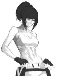 Rule 34 | 1girl, abs, biceps, black gloves, breasts, cleavage, gloves, greyscale, leona heidern, long hair, medium breasts, midriff, monochrome, muscular, muscular female, navel, ponytail, reon (98109reon), solo, tank top, the king of fighters
