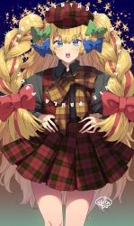Rule 34 | 1girl, blonde hair, blue eyes, bow, braid, character request, hair bow, hands on own hips, hat, highres, long hair, looking at viewer, murata tefu, open mouth, plaid, simple background, skirt, solo, twin braids, very long hair