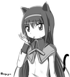 Rule 34 | 10s, 1girl, akemi homura, animal ears, black hair, bruise, cat ears, cat tail, greyscale, hairband, hipporit, injury, kemonomimi mode, kouga (hipporit), long hair, looking at viewer, magical girl, mahou shoujo madoka magica, mahou shoujo madoka magica (anime), monochrome, ribbon, signature, simple background, solo, tail, tongue, tongue out, white background