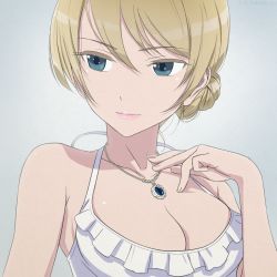 Rule 34 | 10s, 1girl, alternate costume, bad id, bad twitter id, blonde hair, blue eyes, braid, breasts, chimaki (u9works), cleavage, colored eyelashes, darjeeling (girls und panzer), french braid, girls und panzer, grey background, hair between eyes, halterneck, hand on own chest, jewelry, large breasts, necklace, one-piece swimsuit, short hair, solo, swept bangs, swimsuit, upper body, white one-piece swimsuit