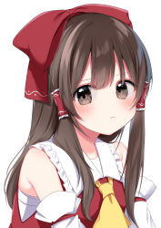 Rule 34 | 1girl, absurdres, ascot, bandages, bare shoulders, blush, bow, breasts, closed mouth, commentary request, detached sleeves, dress, eyes visible through hair, frills, hair between eyes, hair ornament, hair tubes, hakurei reimu, highres, long hair, long sleeves, looking at viewer, medium breasts, red bow, red dress, sarashi, shinonome asu, simple background, smile, solo, touhou, upper body, white background, wide sleeves, yellow ascot