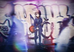Rule 34 | 1girl, amplifier, bad id, bad pixiv id, black footwear, blurry, blurry foreground, brown eyes, brown hair, chromatic aberration, closed mouth, clothing request, commentary request, electric guitar, full body, graffiti, guitar, hair ornament, hairclip, headphones, headphones around neck, highres, hirasawa yui, holding, holding instrument, instrument, jacket, k-on!, lens flare, light blush, light smile, looking at viewer, medium hair, microphone, microphone stand, motion blur, outdoors, short hair, solo focus, standing, verse